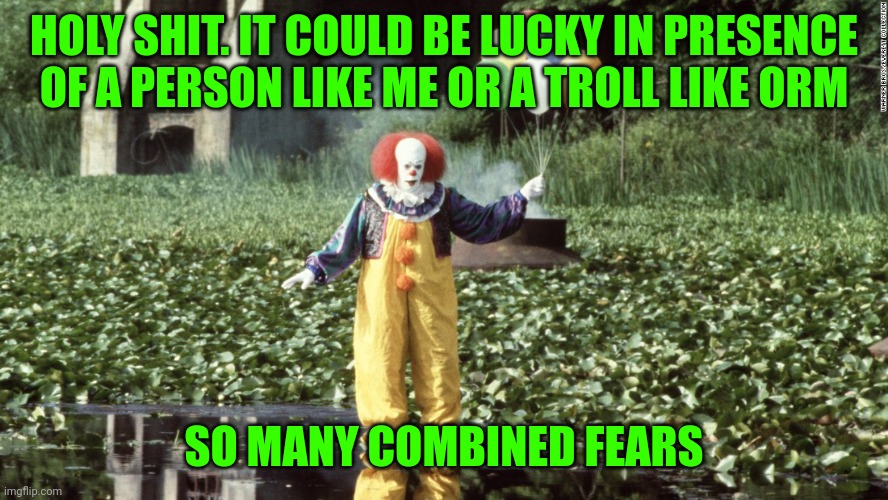 Pennywise w/ balloons  | HOLY SHIT. IT COULD BE LUCKY IN PRESENCE OF A PERSON LIKE ME OR A TROLL LIKE ORM; SO MANY COMBINED FEARS | image tagged in pennywise w/ balloons | made w/ Imgflip meme maker