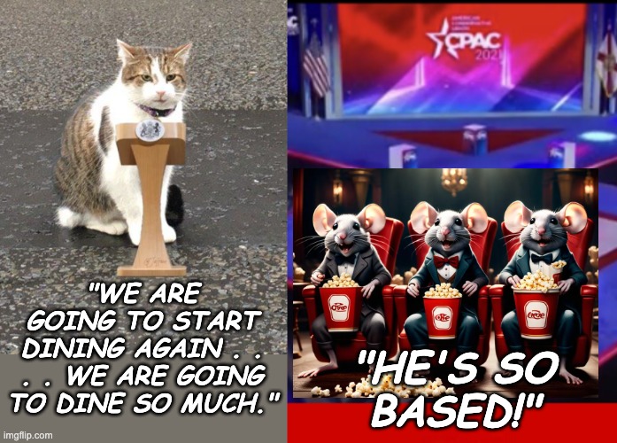 "WE ARE GOING TO START DINING AGAIN . . . . WE ARE GOING TO DINE SO MUCH." "HE'S SO
BASED!" | image tagged in cpac stage nazi symbol | made w/ Imgflip meme maker