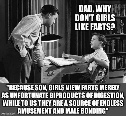 Father son | DAD, WHY DON'T GIRLS LIKE FARTS? "BECAUSE SON, GIRLS VIEW FARTS MERELY
AS UNFORTUNATE BIPRODUCTS OF DIGESTION,
WHILE TO US THEY ARE A SOURCE | image tagged in father son | made w/ Imgflip meme maker