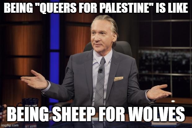 Queers like Sheep | BEING "QUEERS FOR PALESTINE" IS LIKE; BEING SHEEP FOR WOLVES | image tagged in bill maher tells the truth,true gay,gay,do not support | made w/ Imgflip meme maker