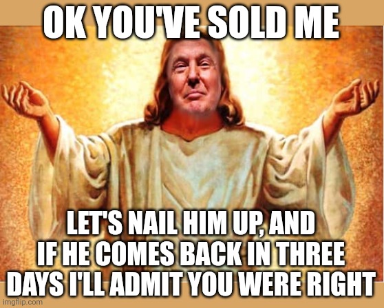 Let's test this comparison | OK YOU'VE SOLD ME; LET'S NAIL HIM UP, AND IF HE COMES BACK IN THREE DAYS I'LL ADMIT YOU WERE RIGHT | image tagged in donald trump,guilty,felon,jesus christ | made w/ Imgflip meme maker