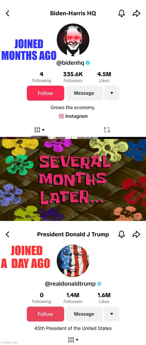 JOINED MONTHS AGO; JOINED A  DAY AGO | image tagged in tiktok,donald trump,joe biden | made w/ Imgflip meme maker
