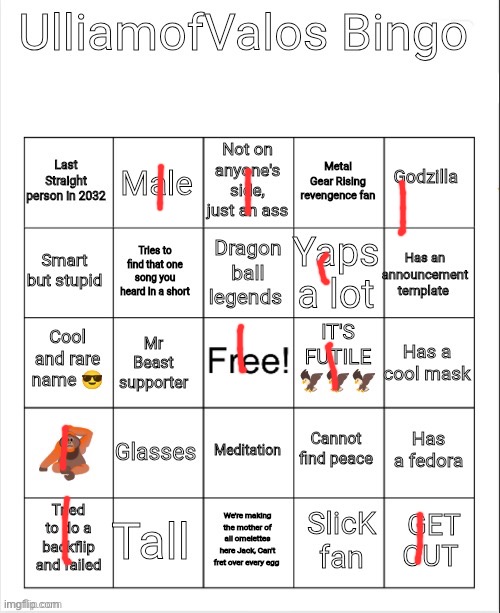 UlliamofValos Bingo | image tagged in ulliamofvalos bingo | made w/ Imgflip meme maker