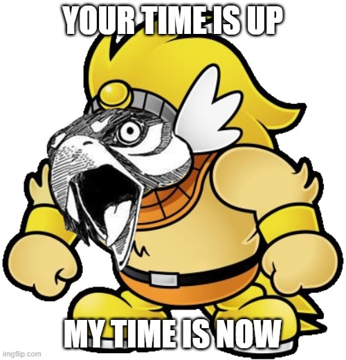 rawk hawk | YOUR TIME IS UP MY TIME IS NOW | image tagged in rawk hawk | made w/ Imgflip meme maker