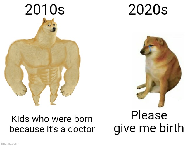 I was born in the 2010s or 2020s | 2010s; 2020s; Please give me birth; Kids who were born because it's a doctor | image tagged in memes,buff doge vs cheems,funny | made w/ Imgflip meme maker