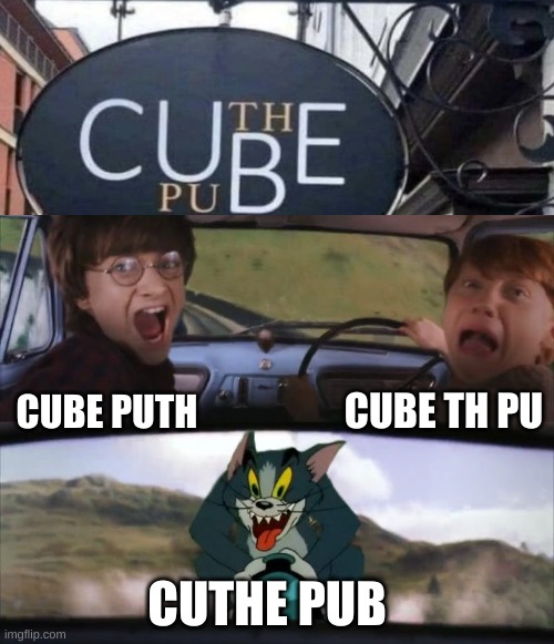 You have three choices | CUBE TH PU; CUBE PUTH; CUTHE PUB | image tagged in tom chasing harry and ron weasly,cube | made w/ Imgflip meme maker