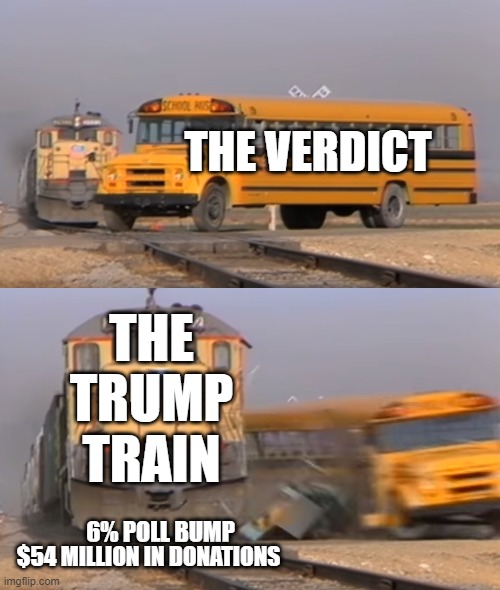A train hitting a school bus | THE VERDICT; THE TRUMP TRAIN; 6% POLL BUMP; $54 MILLION IN DONATIONS | image tagged in a train hitting a school bus | made w/ Imgflip meme maker