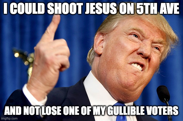 Donald Trump | I COULD SHOOT JESUS ON 5TH AVE; AND NOT LOSE ONE OF MY GULLIBLE VOTERS | image tagged in donald trump | made w/ Imgflip meme maker