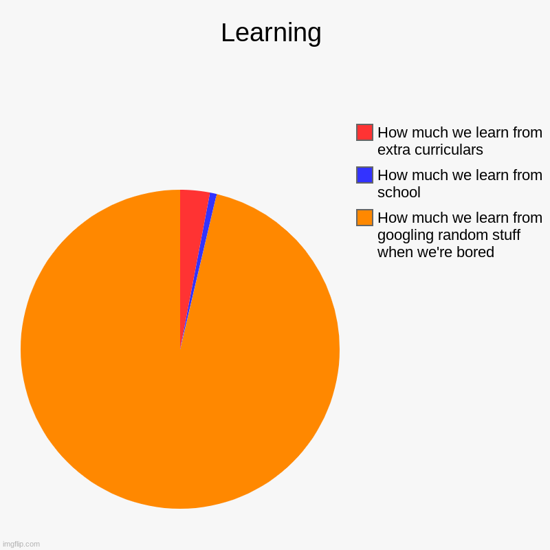 Learning | Learning | How much we learn from googling random stuff when we're bored, How much we learn from school, How much we learn from extra curric | image tagged in charts,pie charts | made w/ Imgflip chart maker