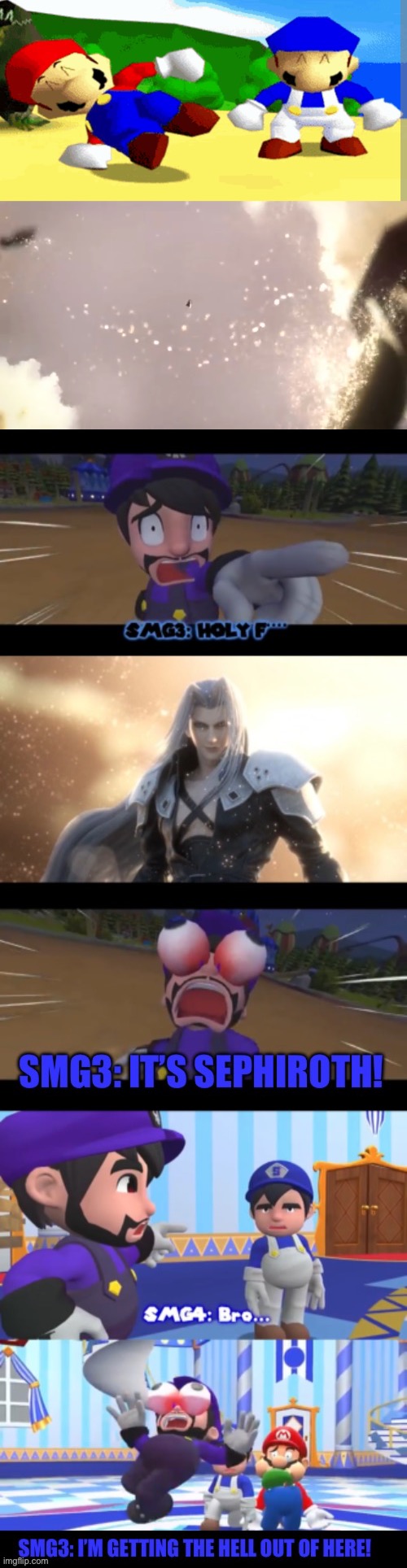 SMG3 run away from Sephiroth | image tagged in smg4,final fantasy | made w/ Imgflip meme maker