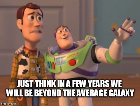 X, X Everywhere | JUST THINK IN A FEW YEARS WE WILL BE BEYOND THE AVERAGE GALAXY | image tagged in memes,x x everywhere | made w/ Imgflip meme maker
