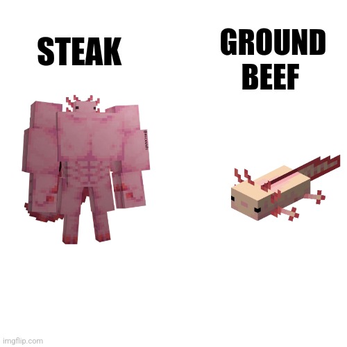 Steak vs ground beef | GROUND BEEF; STEAK | image tagged in swole axolotl,food memes,jpfan102504 | made w/ Imgflip meme maker