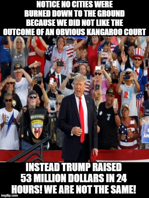 We are not the same! | NOTICE NO CITIES WERE BURNED DOWN TO THE GROUND BECAUSE WE DID NOT LIKE THE OUTCOME OF AN OBVIOUS KANGAROO COURT; INSTEAD TRUMP RAISED 53 MILLION DOLLARS IN 24 HOURS! WE ARE NOT THE SAME! | image tagged in we are not the same | made w/ Imgflip meme maker