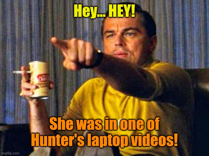 Leonardo Dicaprio pointing at tv | Hey... HEY! She was in one of Hunter's laptop videos! | image tagged in leonardo dicaprio pointing at tv | made w/ Imgflip meme maker