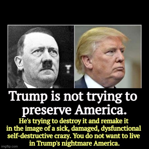 The Convicted Felon wants to hijack your future. You will never be safe in a Trump Dictatorship. | Trump is not trying to 
preserve America. | He's trying to destroy it and remake it 
in the image of a sick, damaged, dysfunctional 
self-de | image tagged in funny,demotivationals,trump,sick,unhinged,hitler | made w/ Imgflip demotivational maker