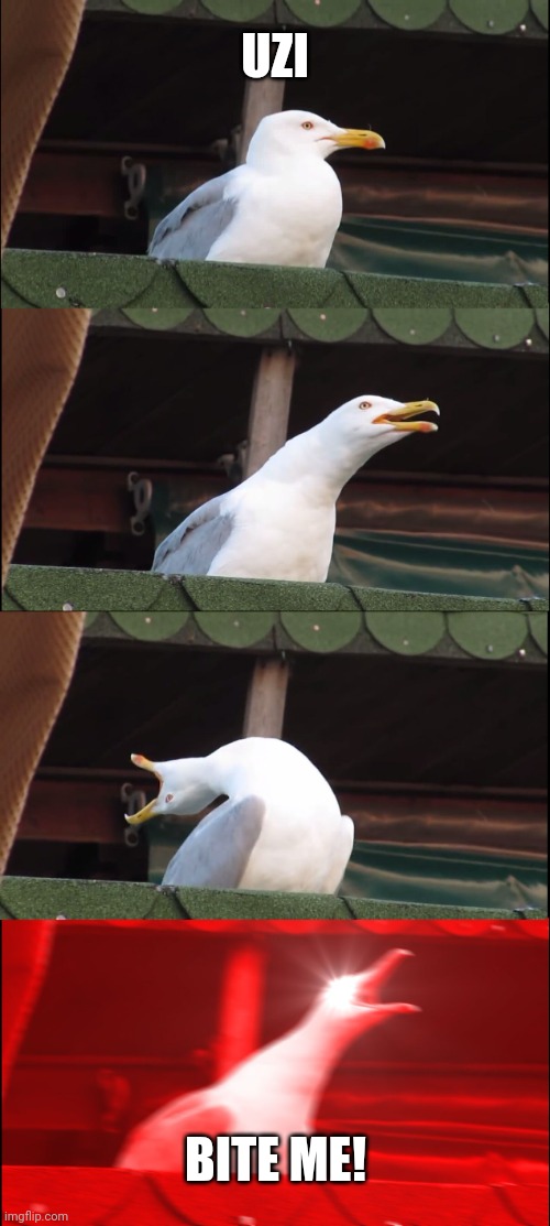 Uzi be like: | UZI; BITE ME! | image tagged in memes,inhaling seagull | made w/ Imgflip meme maker