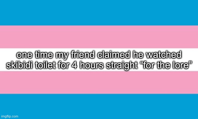 Transgender Flag | one time my friend claimed he watched skibidi toilet for 4 hours straight “for the lore” | image tagged in transgender flag | made w/ Imgflip meme maker