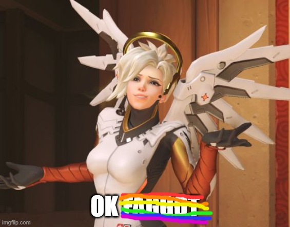 Mercy Shrug | OK FAGGOT | image tagged in mercy shrug | made w/ Imgflip meme maker