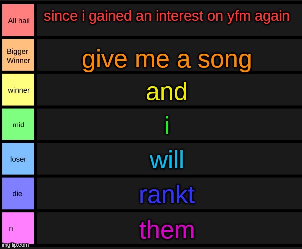 yoshi's tier list | since i gained an interest on yfm again; give me a song; and; i; will; rankt; them | image tagged in yoshi's tier list | made w/ Imgflip meme maker