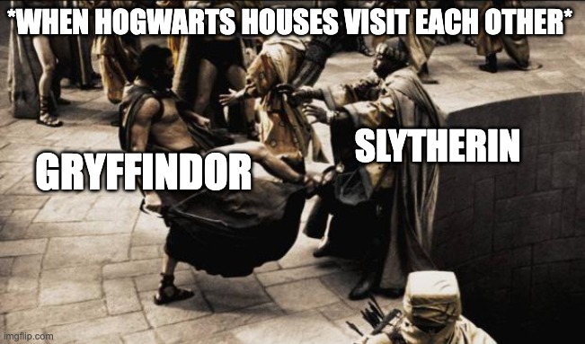 Prove me wrong, hehe | *WHEN HOGWARTS HOUSES VISIT EACH OTHER*; SLYTHERIN; GRYFFINDOR | image tagged in madness - this is sparta | made w/ Imgflip meme maker