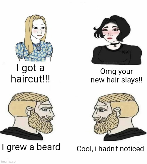 Girls vs boys | Omg your new hair slays!! I got a haircut!!! I grew a beard; Cool, i hadn't noticed | image tagged in boys vs girls | made w/ Imgflip meme maker