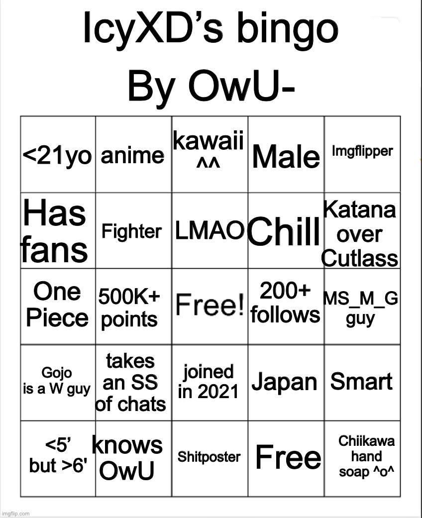 *)(* | By OwU-; IcyXD’s bingo; kawaii ^^; anime; Imgflipper; <21yo; Male; LMAO; Has fans; Katana over Cutlass; Chill; Fighter; 200+ follows; One Piece; MS_M_G guy; 500K+ points; Gojo is a W guy; takes an SS of chats; Smart; Japan; joined in 2021; knows OwU; Chiikawa hand soap ^o^; <5’ but >6'; Shitposter; Free | made w/ Imgflip meme maker