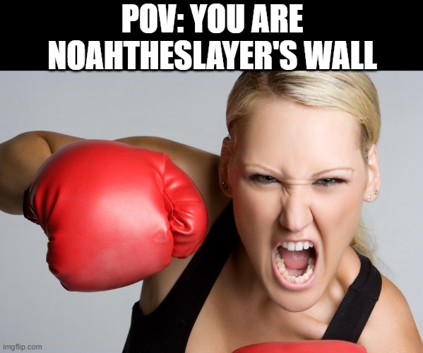 NoahTheSlayer Meme #7 : RIP Wall | POV: YOU ARE NOAHTHESLAYER'S WALL | image tagged in woman boxing anger1,thiccimoto,noahtheslayer,noah the slayer,tar man | made w/ Imgflip meme maker