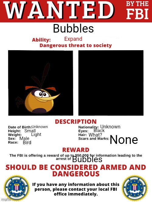 FBI Wanted Posted (FREE TO USE) | Bubbles; Expand; Unknown; Unknown; Black; Small; What? Light; None; Male; Bird; Bubbles | image tagged in fbi wanted posted free to use | made w/ Imgflip meme maker