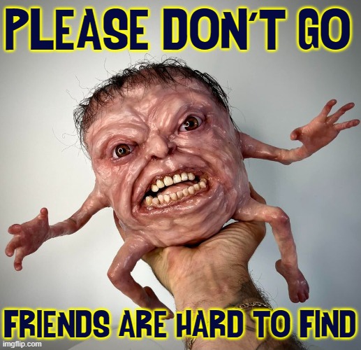 My Li'l Friend Headley Nyx-Styx | PLEASE DON'T GO; FRIENDS ARE HARD TO FIND | image tagged in vince vance,cursed image,horror,evil toddler,memes,disgusting | made w/ Imgflip meme maker