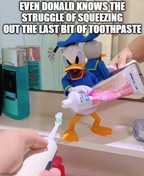 That feeling! | EVEN DONALD KNOWS THE STRUGGLE OF SQUEEZING OUT THE LAST BIT OF TOOTHPASTE | image tagged in memes | made w/ Imgflip meme maker