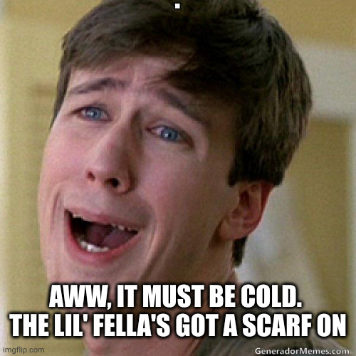 awww | AWW, IT MUST BE COLD. 
THE LIL' FELLA'S GOT A SCARF ON | image tagged in awww | made w/ Imgflip meme maker