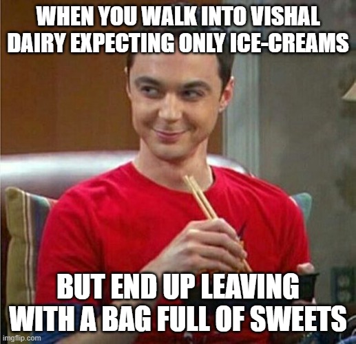 Sheldon Chinese Food | WHEN YOU WALK INTO VISHAL DAIRY EXPECTING ONLY ICE-CREAMS; BUT END UP LEAVING WITH A BAG FULL OF SWEETS | image tagged in sheldon chinese food | made w/ Imgflip meme maker