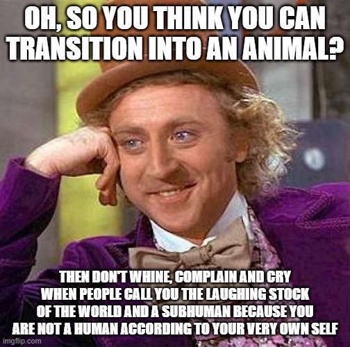 Creepy Condescending Wonka Meme | OH, SO YOU THINK YOU CAN
TRANSITION INTO AN ANIMAL? THEN DON'T WHINE, COMPLAIN AND CRY WHEN PEOPLE CALL YOU THE LAUGHING STOCK OF THE WORLD AND A SUBHUMAN BECAUSE YOU ARE NOT A HUMAN ACCORDING TO YOUR VERY OWN SELF | image tagged in creepy condescending wonka,trans,transphobic,animals,furry,furries | made w/ Imgflip meme maker