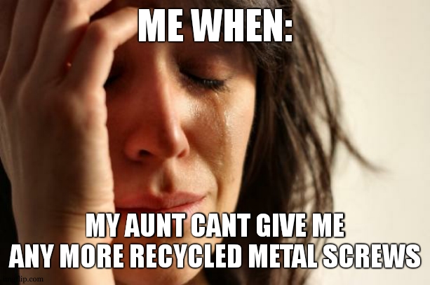 how am i ment to bolt me square steel | ME WHEN:; MY AUNT CANT GIVE ME ANY MORE RECYCLED METAL SCREWS | image tagged in memes,first world problems | made w/ Imgflip meme maker