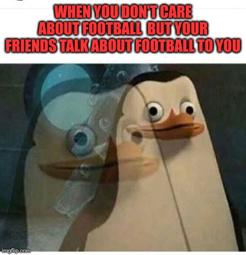 Madagascar Meme | WHEN YOU DON'T CARE ABOUT FOOTBALL  BUT YOUR FRIENDS TALK ABOUT FOOTBALL TO YOU | image tagged in madagascar meme,memes | made w/ Imgflip meme maker