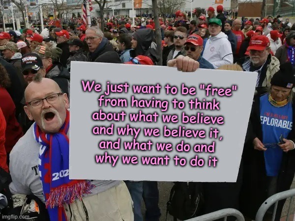 "Freedumb" is not "freedom". | We just want to be "free"
from having to think
about what we believe
and why we believe it,
and what we do and
why we want to do it | image tagged in trump supporters sign,maga,trump,trump supporters,donald trump,conservative logic | made w/ Imgflip meme maker
