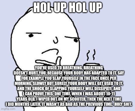thinking meme | HOL UP HOL UP; YOU'RE USED TO BREATHING. BREATHING DOESN'T HURT YOU, BECAUSE YOUR BODY HAS ADAPTED TO IT. SAY FOR EXAMPLE YOU SLAP YOURSELF IN THE FACE ONCE PER MORNING, SLOWLY BUT SURELY YOUR BODY WILL GET USED TO IT, AND THE SHOCK OF SLAPPING YOURSELF WILL DISSIPATE, AND I CAN PROVE THIS: ONE TIME, WHEN I WAS ABOUT 10-11 YEARS OLD, I WIPED OUT ON MY SCOOTER, THEN THE NEXT TIME I DID MONTHS LATER, IT WASN'T AS BAD AS THE PREVIOUS TIME.  HOLY SHIT. | image tagged in thinking meme | made w/ Imgflip meme maker