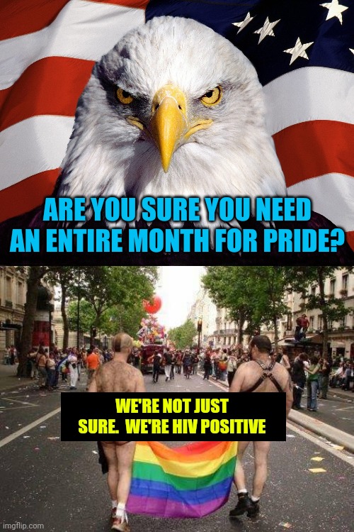 I got this Joke from Southpark | ARE YOU SURE YOU NEED AN ENTIRE MONTH FOR PRIDE? WE'RE NOT JUST SURE.  WE'RE HIV POSITIVE | image tagged in freedom eagle,gay pride | made w/ Imgflip meme maker