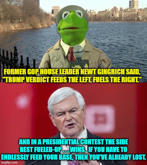 A wise man imparts his wisdom while leftists merely push political bullet points. | FORMER GOP HOUSE LEADER NEWT GINGRICH SAID, "TRUMP VERDICT FEEDS THE LEFT, FUELS THE RIGHT."; AND IN A PRESIDENTIAL CONTEST THE SIDE BEST FUELED-UP . . . WINS.  IF YOU HAVE TO ENDLESSLY FEED YOUR BASE, THEN YOU'VE ALREADY LOST. | image tagged in kermit news report | made w/ Imgflip meme maker