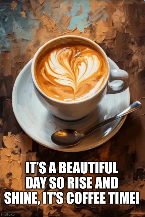 Good morning | IT’S A BEAUTIFUL DAY SO RISE AND SHINE, IT’S COFFEE TIME! | image tagged in coffee cup,morning,coffee | made w/ Imgflip meme maker