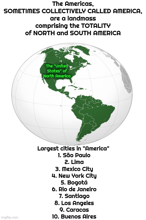 1.02 Billion People Live In America.  Three Hundred Fifty Million Of Them Reside In The United States of The Americas | The Americas,
SOMETIMES COLLECTIVELY CALLED AMERICA,
are a landmass comprising the TOTALITY of NORTH and SOUTH AMERICA; The "United States" of North America; Largest cities in "America" 
1. São Paulo
2. Lima
3. Mexico City
4. New York City
5. Bogotá
6. Rio de Janeiro
7. Santiago
8. Los Angeles
9. Caracas
10. Buenos Aires | image tagged in america,united states of america,north america,south america,america first,memes | made w/ Imgflip meme maker