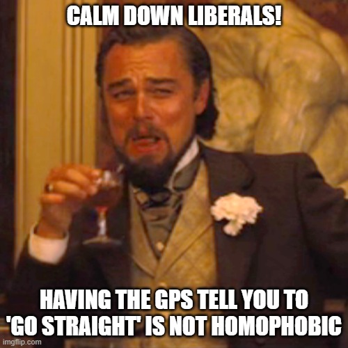 GPS Confusion | CALM DOWN LIBERALS! HAVING THE GPS TELL YOU TO 'GO STRAIGHT' IS NOT HOMOPHOBIC | image tagged in triggered liberal | made w/ Imgflip meme maker