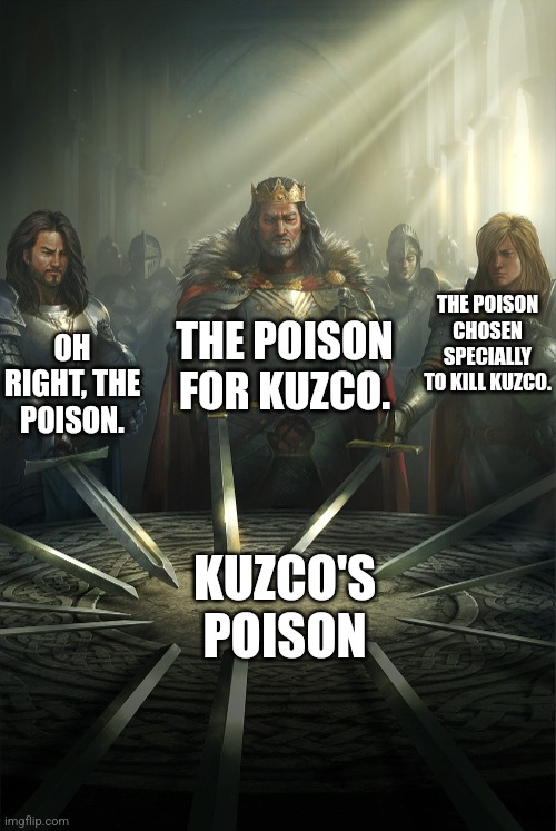 Kuzco's Poison United | THE POISON CHOSEN SPECIALLY TO KILL KUZCO. THE POISON FOR KUZCO. OH RIGHT, THE POISON. KUZCO'S POISON | image tagged in swords united,disney | made w/ Imgflip meme maker