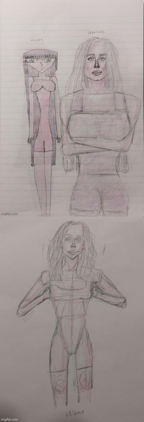 Pink Girl 9 Year Art Improvement (2015 vs 2023 vs 2024) | image tagged in drawings,color,girl,pink | made w/ Imgflip meme maker