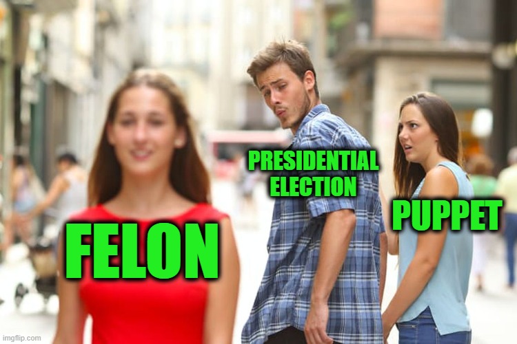 Distracted Boyfriend Meme | PRESIDENTIAL ELECTION; PUPPET; FELON | image tagged in memes,distracted boyfriend | made w/ Imgflip meme maker