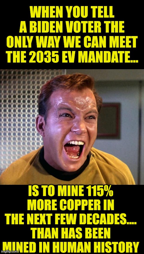 There are not enough copper mines to switch to EVs? And Dems do everything possible to prevent new mines too? Hmmm.... | WHEN YOU TELL A BIDEN VOTER THE ONLY WAY WE CAN MEET THE 2035 EV MANDATE... IS TO MINE 115% MORE COPPER IN THE NEXT FEW DECADES.... THAN HAS BEEN MINED IN HUMAN HISTORY | image tagged in captain kirk screaming,liberals,liberal hypocrisy,mining,expectation vs reality,lying | made w/ Imgflip meme maker