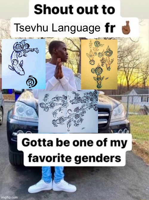 Shout out to.... Gotta be one of my favorite genders | Tsevhu Language | image tagged in shout out to gotta be one of my favorite genders,memes,art memes,shitpost,funny memes,humor | made w/ Imgflip meme maker