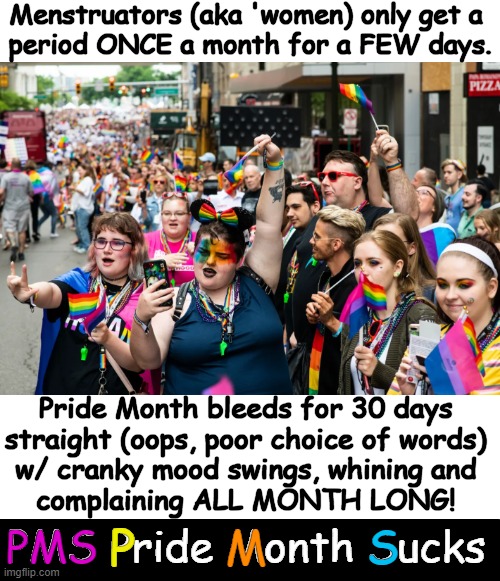 PMS -- Now, a month long experience!  | Menstruators (aka 'women) only get a 
period ONCE a month for a FEW days. Pride Month bleeds for 30 days 
straight (oops, poor choice of words) 
w/ cranky mood swings, whining and 
complaining ALL MONTH LONG! PMS Pride Month Sucks; PMS; S; P; M | image tagged in political humor,menstruation,month,pride month,pms,pride month sucks | made w/ Imgflip meme maker