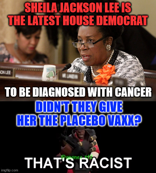 Imagine not all members of Congress got the placebo... | SHEILA JACKSON LEE IS THE LATEST HOUSE DEMOCRAT; TO BE DIAGNOSED WITH CANCER; DIDN'T THEY GIVE HER THE PLACEBO VAXX? | image tagged in that's racist,covid vaxx,super cancer,sure it is just another coincidence | made w/ Imgflip meme maker