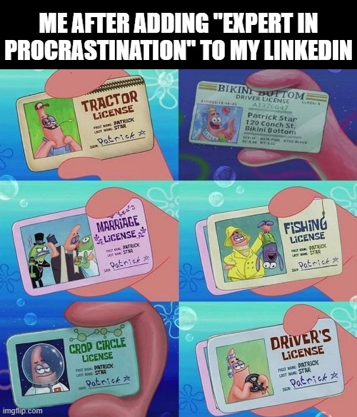 LinkedIn | ME AFTER ADDING "EXPERT IN PROCRASTINATION" TO MY LINKEDIN | image tagged in procrastination,memes,funny,linkedin | made w/ Imgflip meme maker